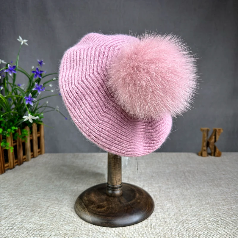 2024 New Women\'s AutumnWinter Versatile Fox Hair Ball Knitted Hat Rabbit Hair Knitted Beret Ear Protector Warm Headcap