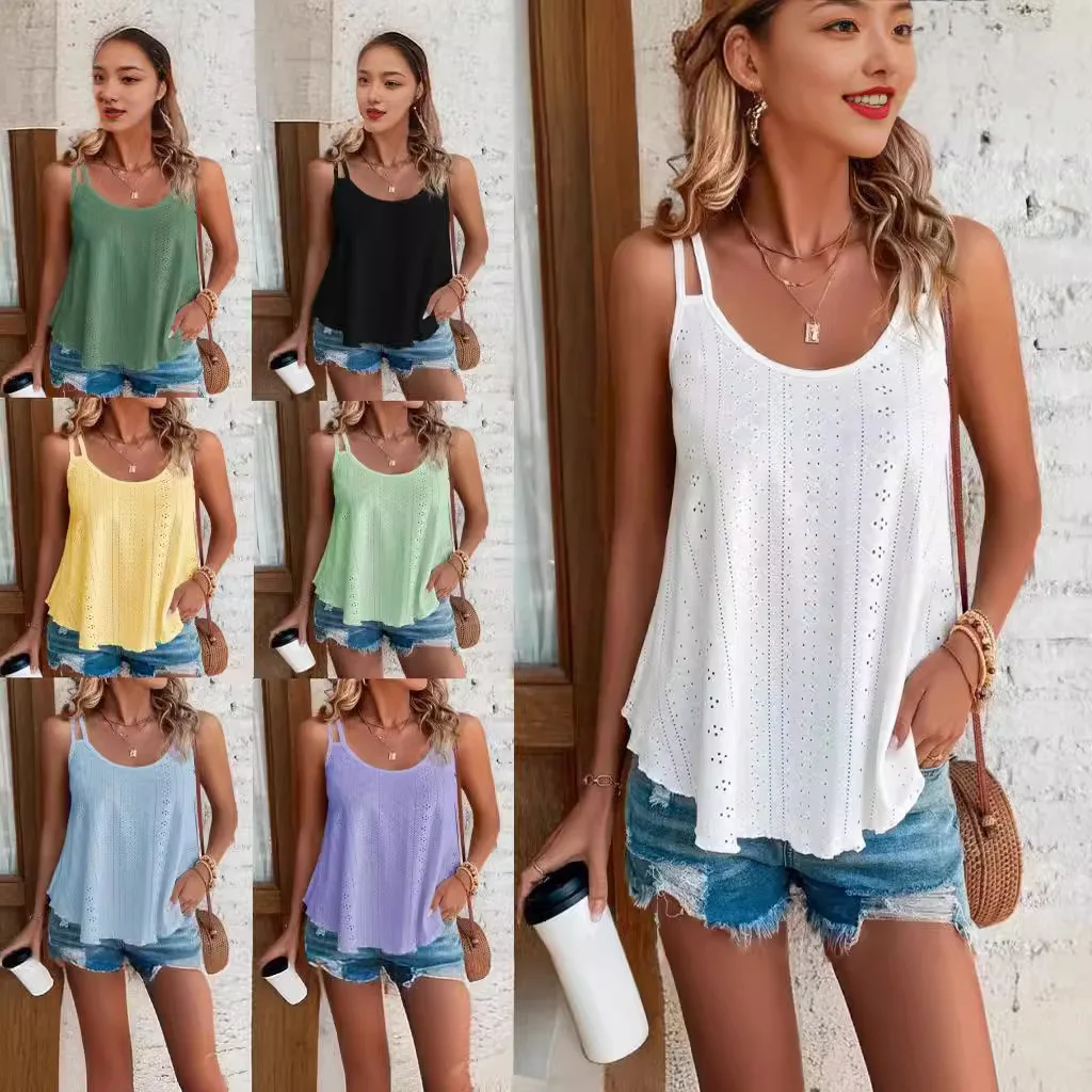 2024 Europe and the United States double shoulder halter tank top crew-neck jacquard with sleeveless base roupas feminina tops