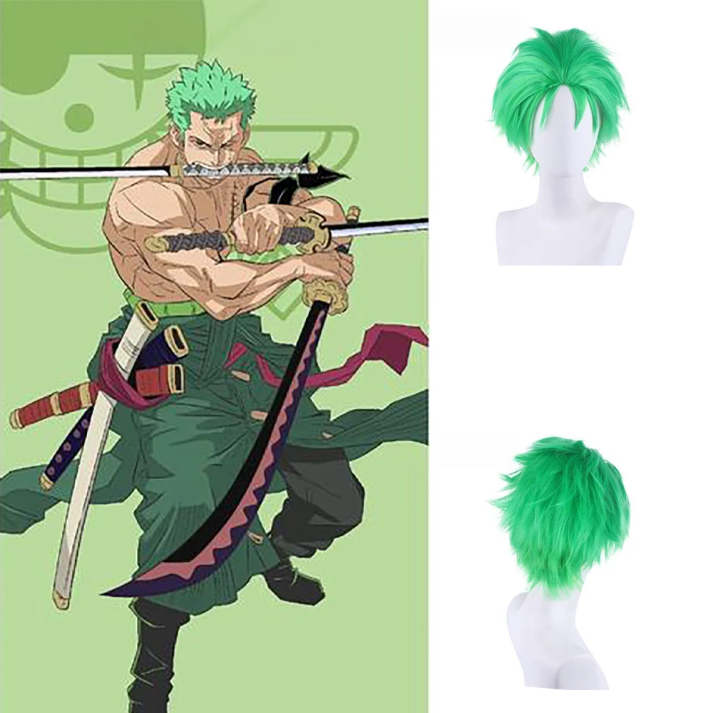 Anime Roronoa Zoro Cosplay Synthetic Hair 10-Inch Green Slichie Halloween Daily Party Men'S Wig Fluffy And Heat-Resistant