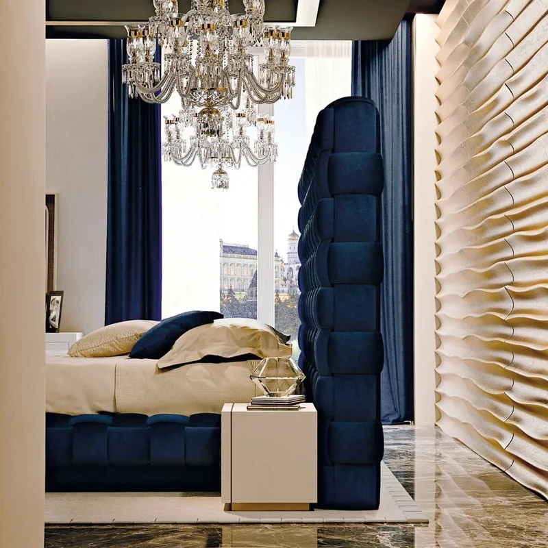 Luxury Velvet Bed Frame with Storage Italian Design King Size Hand Interwoven Large Headboard for Bedroom