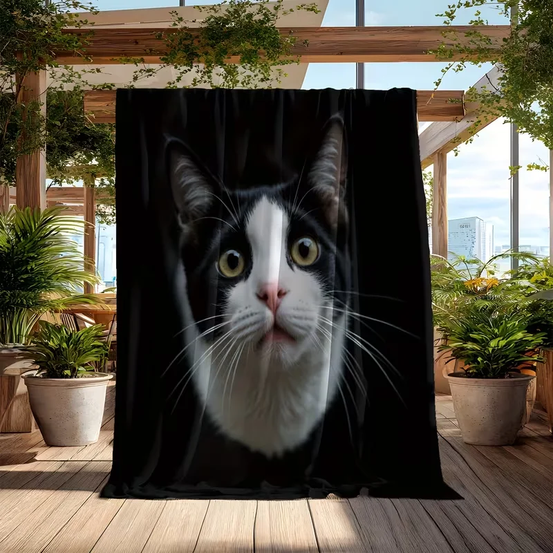Tuxedo Cat White Cherry Blossom Print Blanket Soft Cozy Blanket All Season For Sofa Bed Lovely Pet Decor
