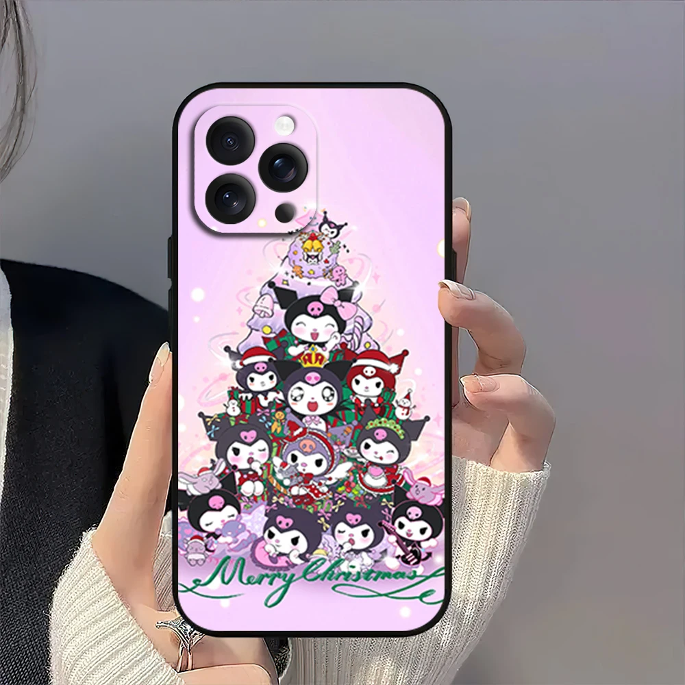 MINISO K-Kuromi Merry Christmas Tree kawaii Phone Case for iPhone 12 11 14 15 13 16 Max Plus Pro Black Soft Silicone Cover