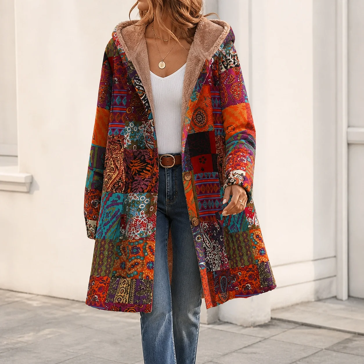Winter Coat Female Hooded Jacket Printed Cotton Linen Long Sleeve Loose Fit Mid Long Length Single Breasted Button Closure
