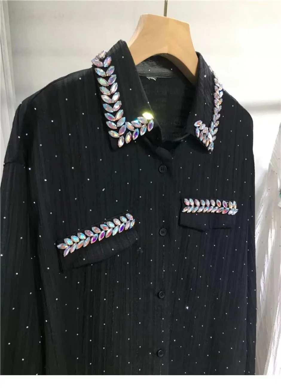 Luxury Diamonds Sequined Summer Sunscreen Blouses Shirts For Women 2024 New In Shirts Fashion High Street Tops Camisas De Mujer