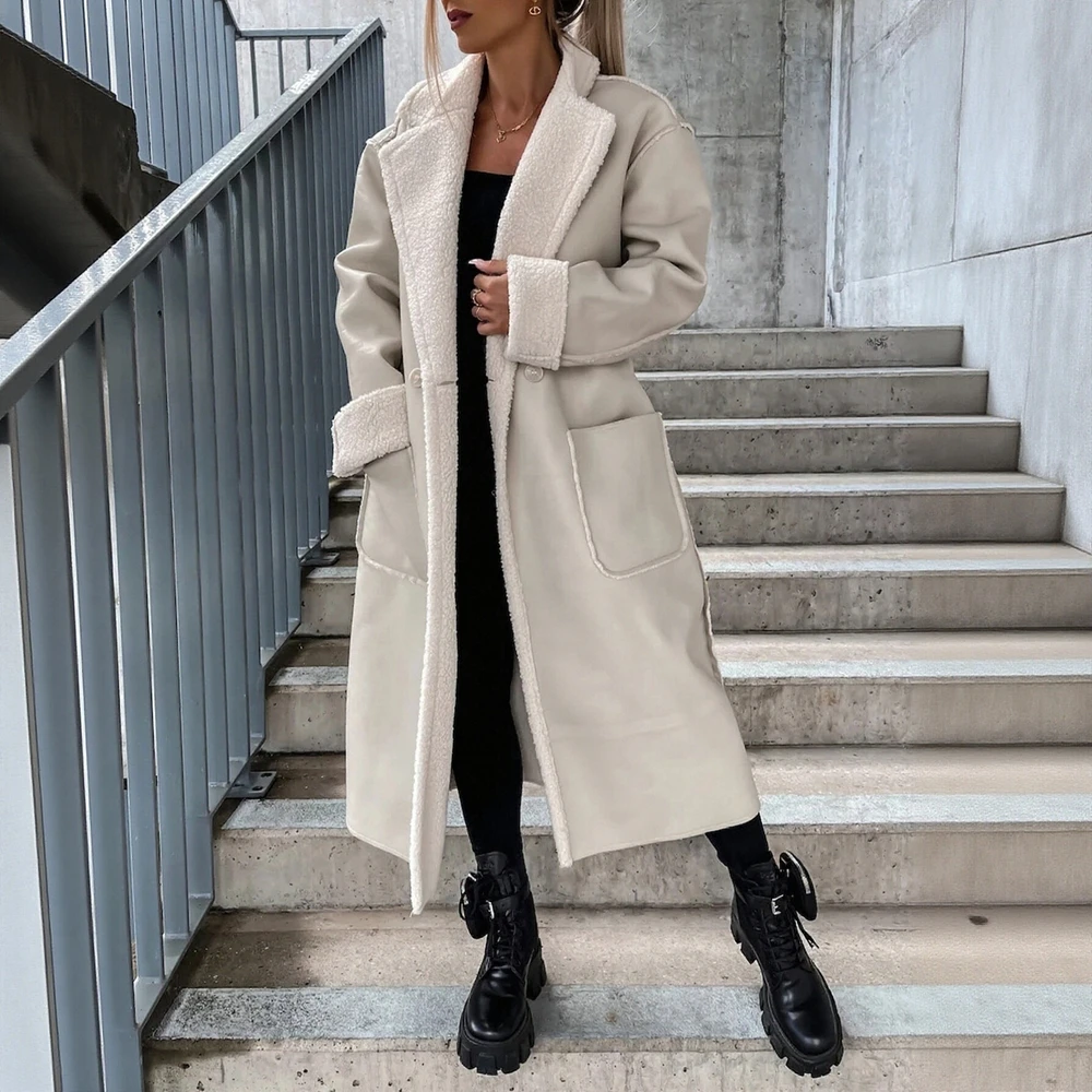 

Women's Stylish Trendy Winter Trench Coat Long Sleeve Lapel Flocking Fashion Daily Office Lady Coat