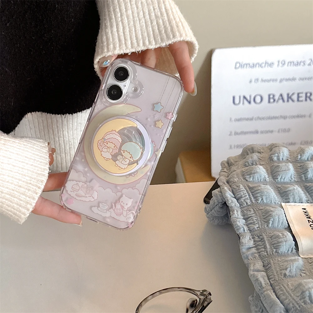 Twin Stars Transparente Cartoon-Hartschale für iPhone 16 13 14 15 Pro Max Magsafe magnetische kabellose Ladeabdeckung