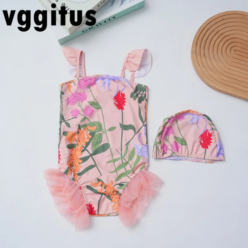 

2025 New Summer Girls Swimsuit Pink Floral Print Sleeveless Sling Lace Patchwork Swimwear Kid Sweet Fashion Swimming Suit H10066