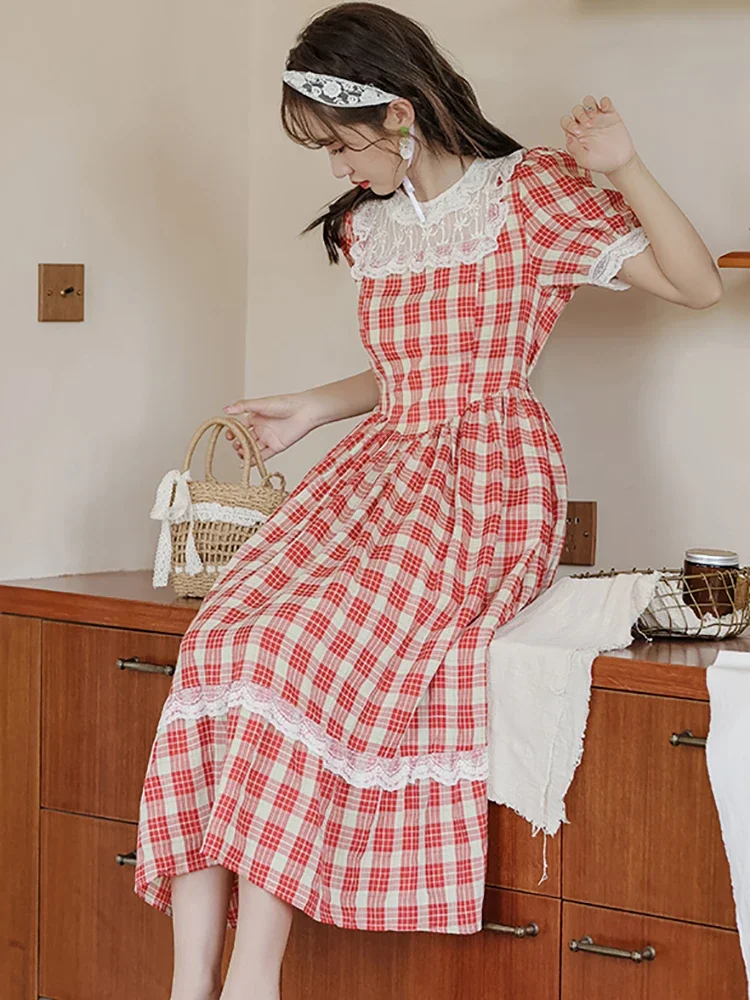 2025 Korean Fashion Casual Holiday Dresses Summer Red Plaid Puff Sleeve Chic Lace Casual Dress Women Elegant Bodycon Prom Dress