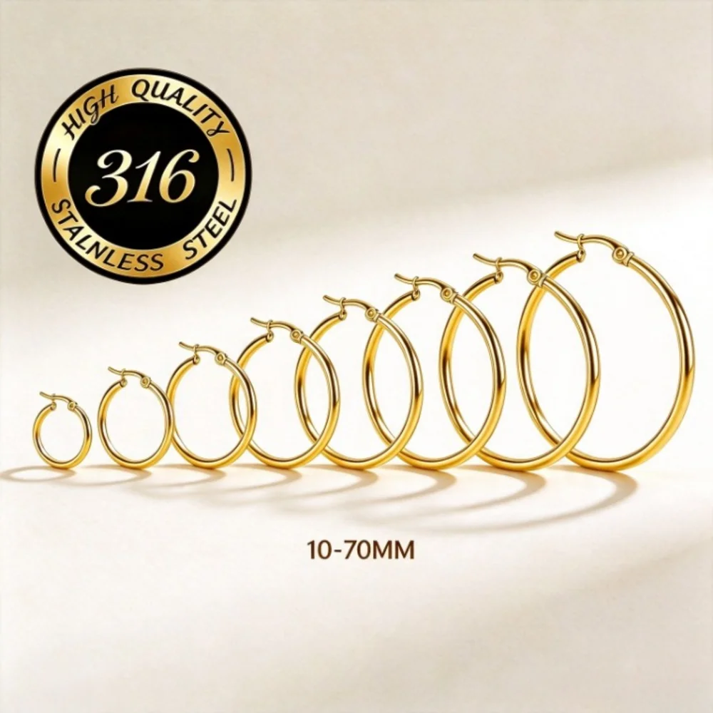 1Pair Round Hoop Earrings Stainless Steel Plain Hoop Earrings Unisex Minimalist Versatile Ear Buckles for Daily Wear 10-70MM