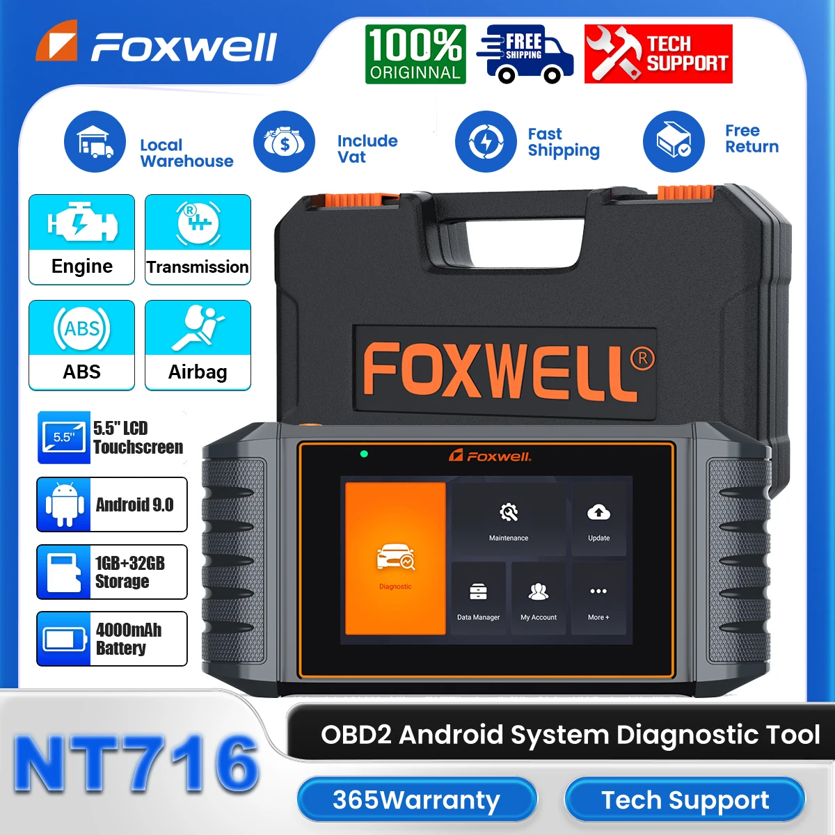 

FOXWELL NT716 OBD2 Диагностический инструмент сканера 9 сбросов ABS BMS SRS Считыватель кодов двигателя OBDII Четырехсистемный тестер сканирования