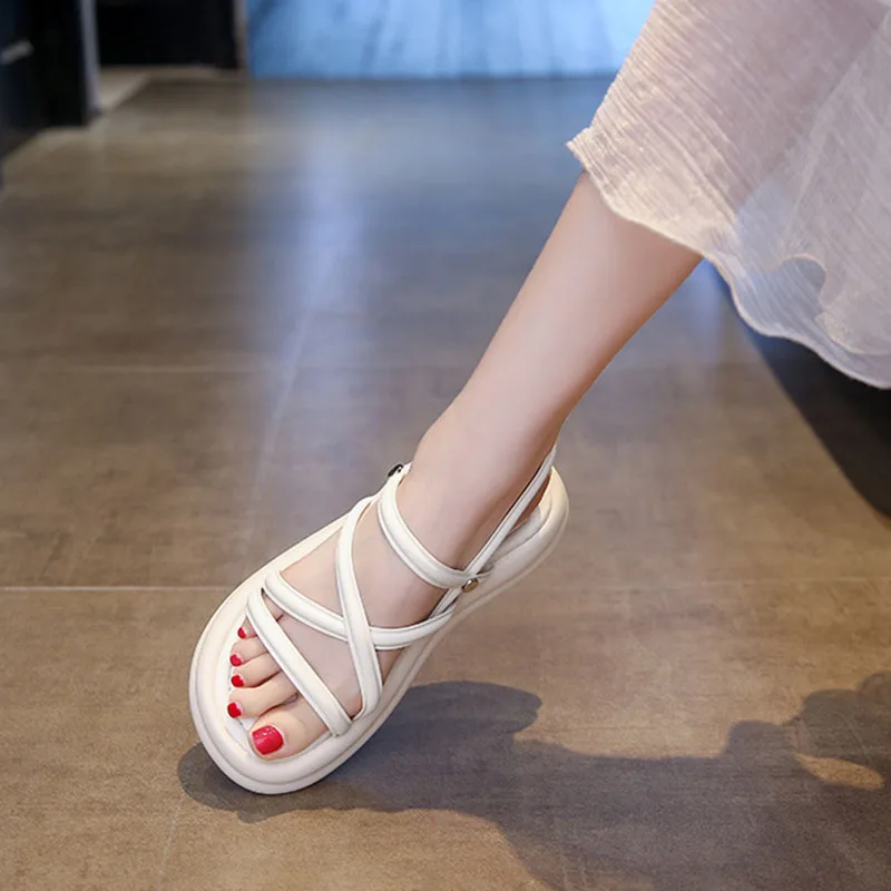 Flat Sandals Women 2025 New Summer Soft Sole Casual Roman Sandales Femmes Black White Cross Band Women\'s Shoes Sandalias Mujer