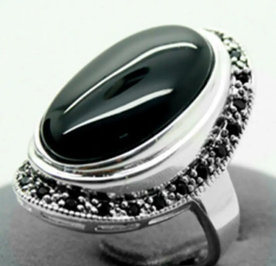 

Fashion jewelry Pretty 17X30mm Black Agates Inlay Marcasite 925 Sterling Silver Ring 7/8/9/10