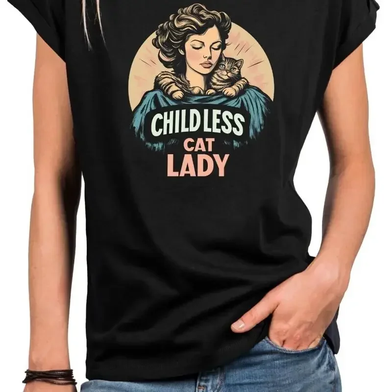 Trendy women's T-shirt with print-childless cat lady cats motif women Top
