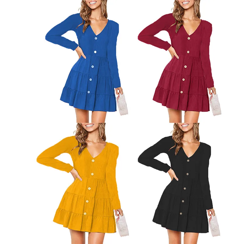 Women's Popular Wishlist Fall and Winter New Button Wrinkled Dress V-neck Long-sleeved A-line Dresses Ladies Clothes Prom Dress