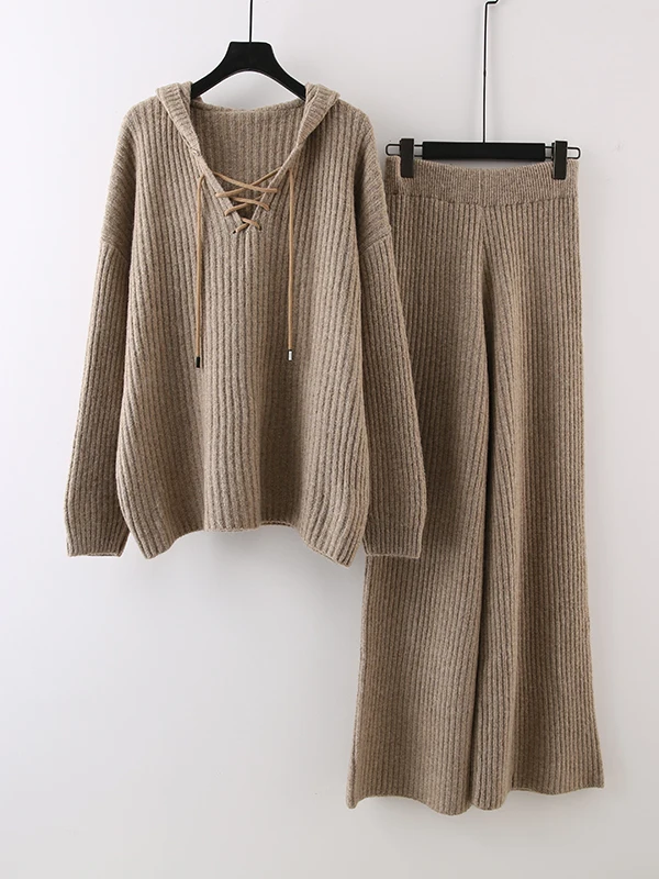 

Fall Winter Lazy Style Hooded Knit Sweater Women's Casual Set Loose Knitted Outerwear Wide Leg Pants Two Piece Set