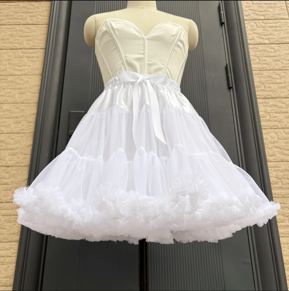 Lowest Pirce Womens 2-Layered Pleated Tulle Petticoat White Black Tutu Puffy Party Cosplay Skirt Lolita Cosplay Bridal Crinoline