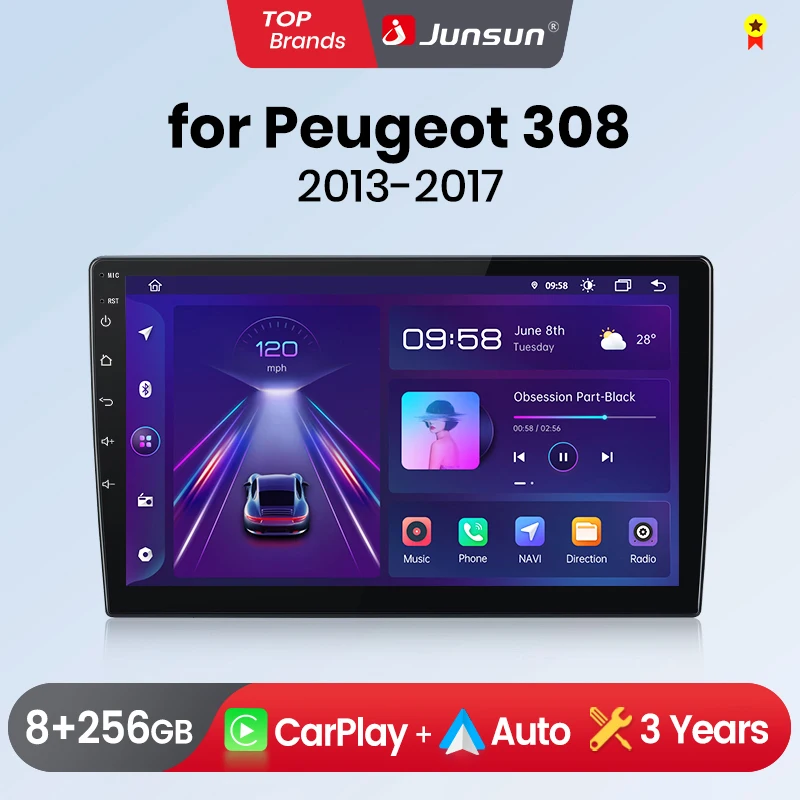 Junsun autoradio sans fil CarPlay Android Auto pour Peugeot 308 308S 2013 - 2017 GPS multimédia 2 din