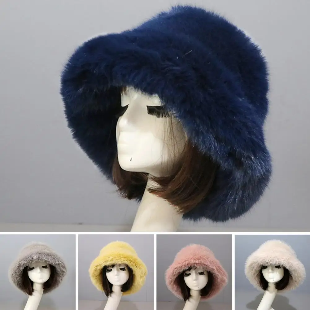 Bucket Hat Fluffy Wide Brim Soft Thickened Ear Faux Fur Winter Thermal Women Fisherman Cap for Daily Life