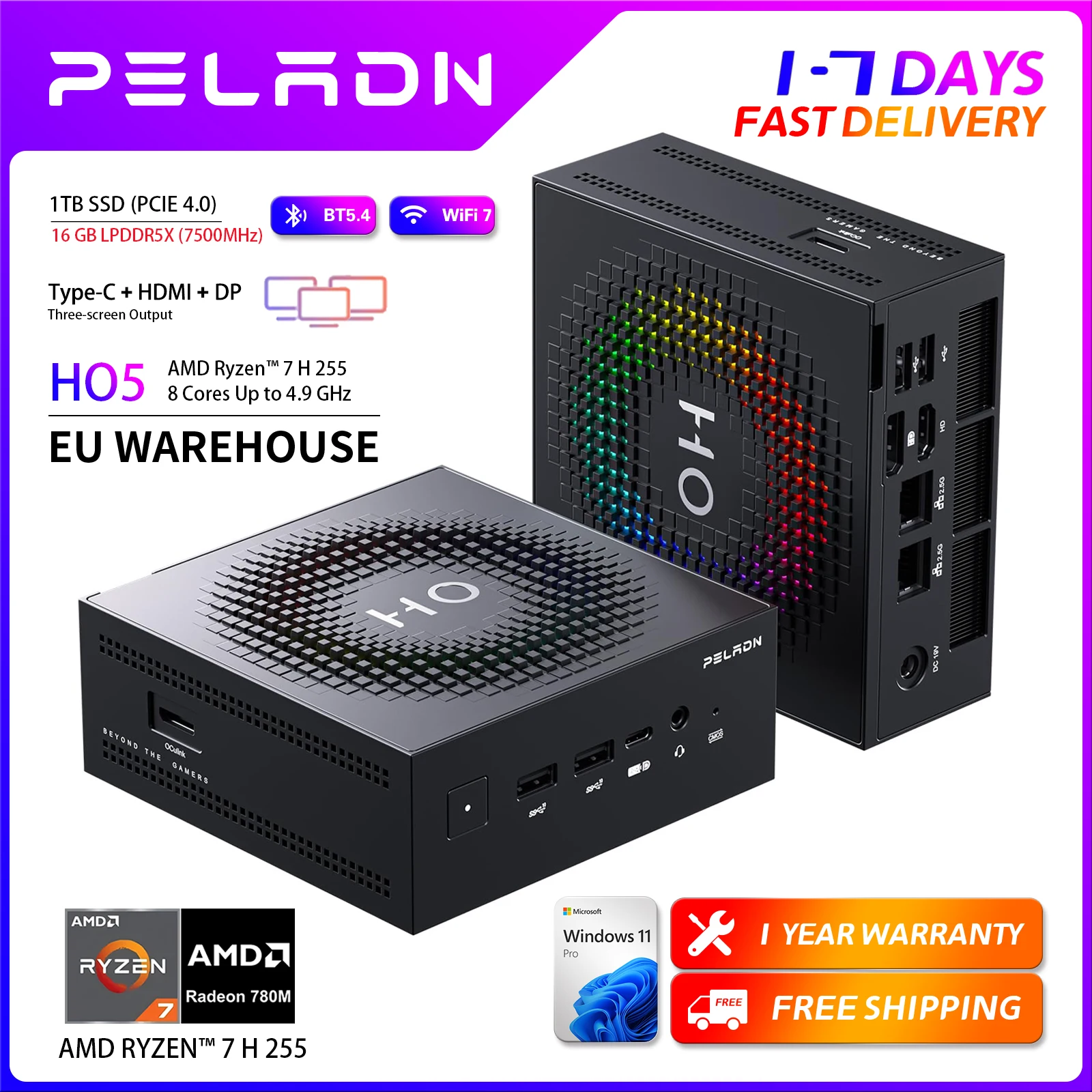 PELADN Gaming Mini-PC HO5 AMD Ryzen 7 H 255 (8 Kerne, bis zu 4,9 GHz), 16 GB LPDDR5X, 1 TB PCIe 4.0 SSD, Dual 2,5G LAN, USB4 20 Gbit/s, Typ-C/DP/HD, Mini-Desktop-Computer, WiFi 7, 4K/60 Hz, Triple-Display, USB 3.2/BT 5.4 Mini-Computer