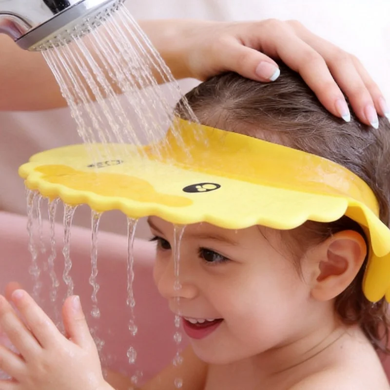 Baby Silicone Shower Cap Adjustable Bath Hat Kids Waterproof Hair Washing Shield Ear Eye Protector with Toddler Yellow Duck Cup