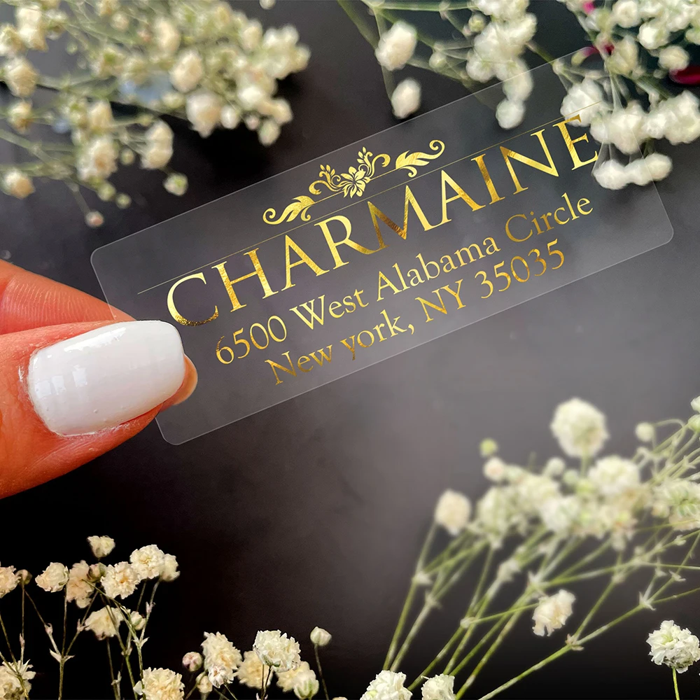 

Custom Transparent Gold Foil Wedding Stickers Custom Bridal Shower Party Candy Favor Handmade Gift Boxes Labels Wedding Decor