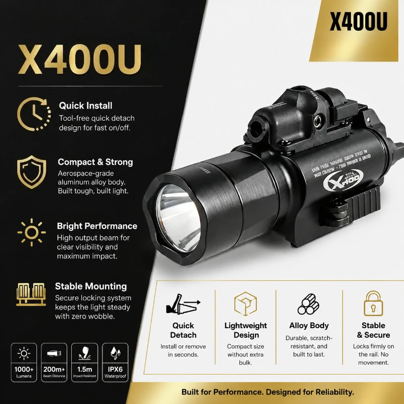 Precise Alignment Tune X400U Full Alloy Flashlight Quick Separate Under Mount High Bright Illuminator