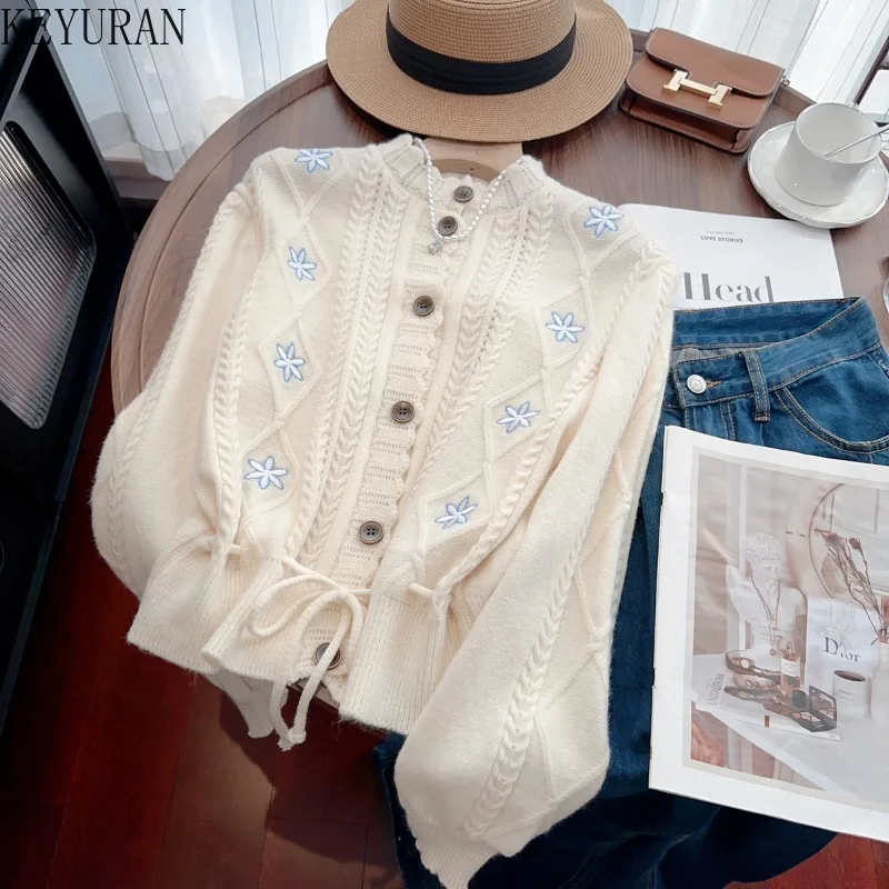 2024 Autumn Winter New Embroidered Sweater Women Vintage O-Neck Long Sleeve Lace Up Slimming Waist Knitted Cardigan Tops Jumpers