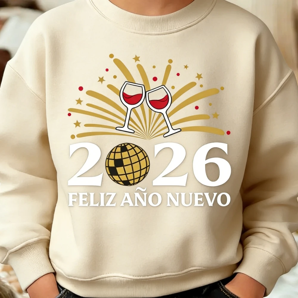 بلوفر Feliz Año Nuevo 2026 ملابس السنة الجديدة الإسبانية ملابس سنة جديدة سعيدة للرجال والنساء ملابس غير رسمية للعطلات برقبة دائرية #4