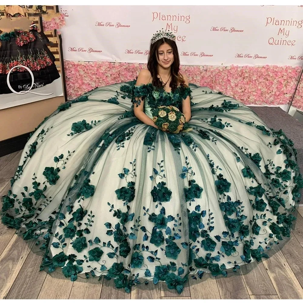 Green Charro Quinceanera Dresses Ball Gown Off The Shoulder Tulle Floral Puffy Mexican Sweet 16 Dresses 15 Anos Customized