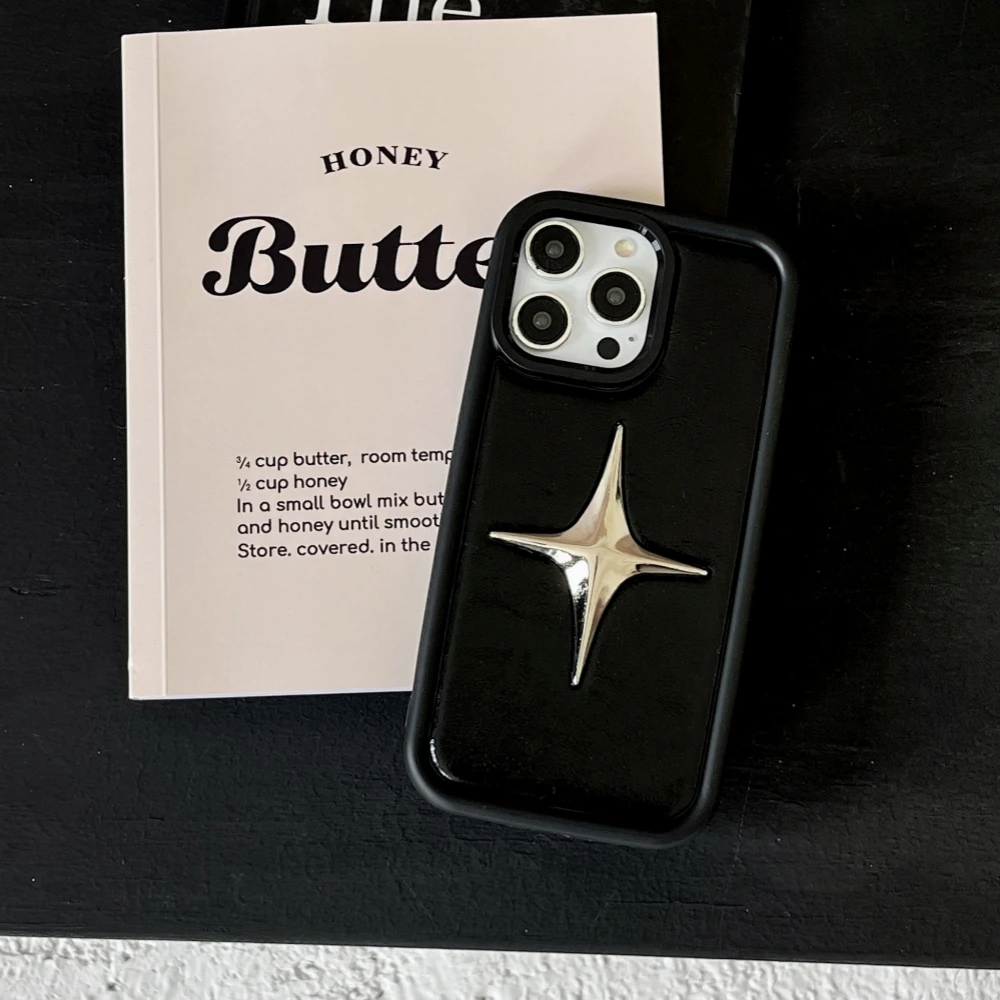 Luxury Metal Star PU Leather Phone Case For iPhone 16 15 14 13 17 Pro Max 15pro 14Pro Shockproof Cover Men Women Stylish Cases
