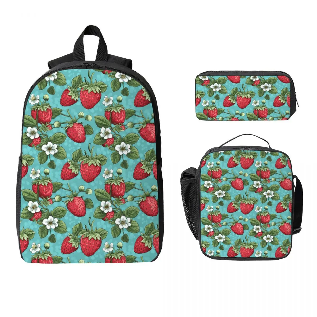 Beautiful Highly Stylized Strawberry With Flowers Backpack BookBag School Bag Shoulder Bags 3ps Insulated Lunch Bag Pencil Case