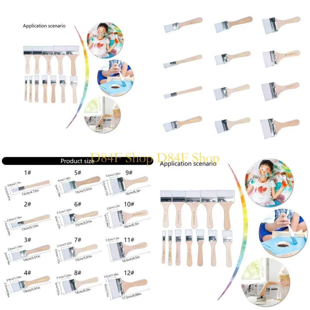 D84F 12 Size Flat Paint Brush Assortment, Yellow Handle Brushes for Creative Projects