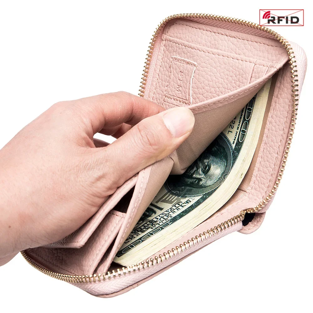 RFID Wallet for Women Multifunction short wallet Ladies Genuine Leather Bifold & Coin Pocket with Anti-Theft Travel Protection