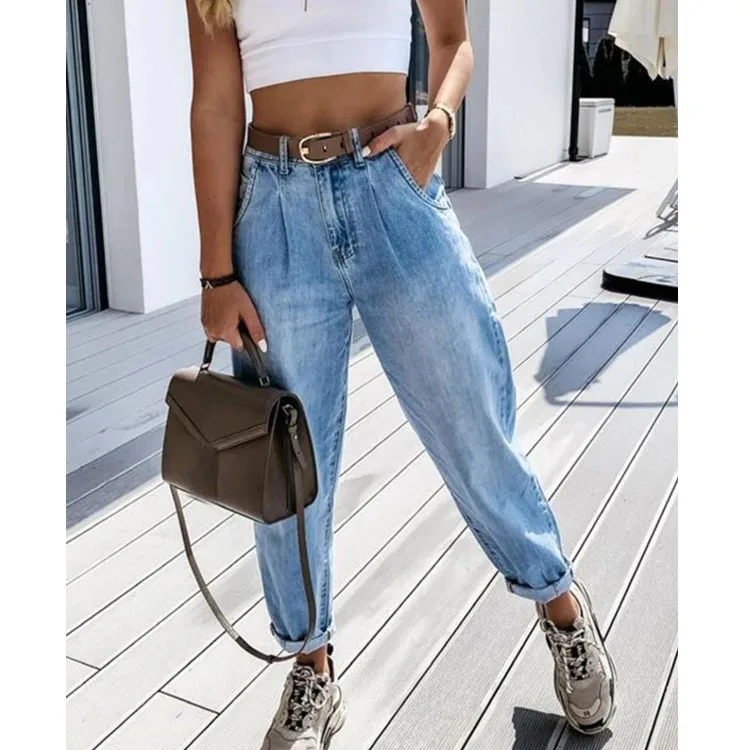 Bleached Distressed Jeans Washed Denim Straight Pants Women Ankle Length Jean Loose Solid High Waist Pockets Basics 2024