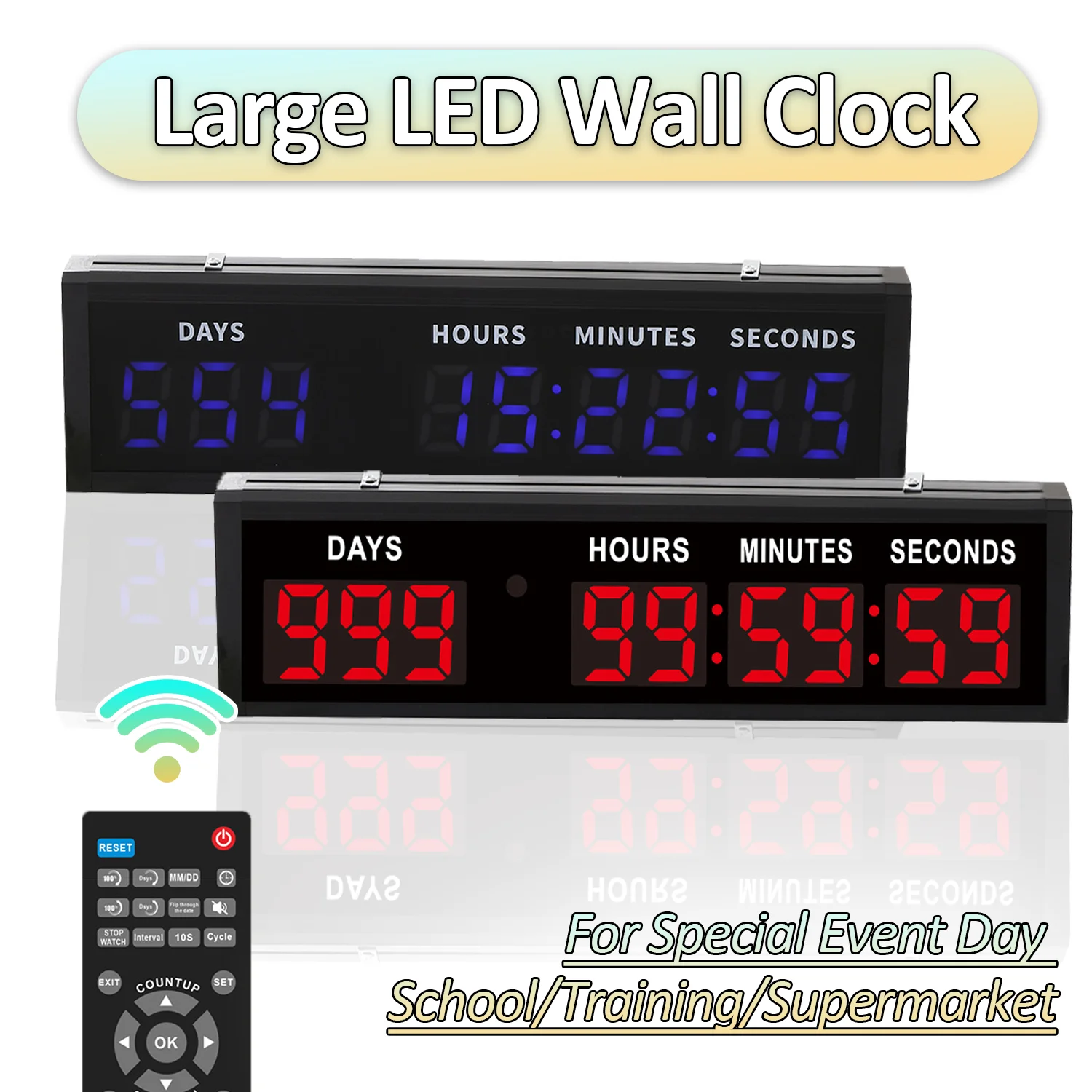 

2'' Large LED Digital Wall Clock 9-bit Alarm Clock Remote Control Timer for Count Up/Down Special Event Day School Gym Training