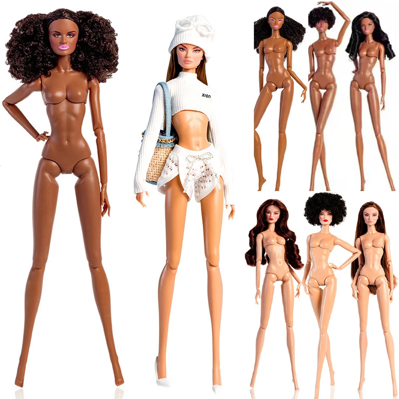 Muñeca de supermodelo de piel negra, pelo rizado de 32cm, muñeca africana 1/6, muñeca de cuerpo desnudo de piel Normal, juguetes de vestir móviles, regalo de coleccionista