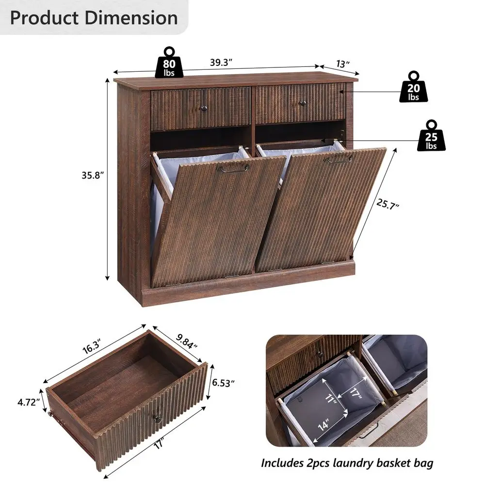 ern Double -Out Trash Cabinet, 20 Gallon luted Laundry Hamper Cabinet with 2 Ders, Wooden Hidden Garbage Can Cabiw/Storage Baske