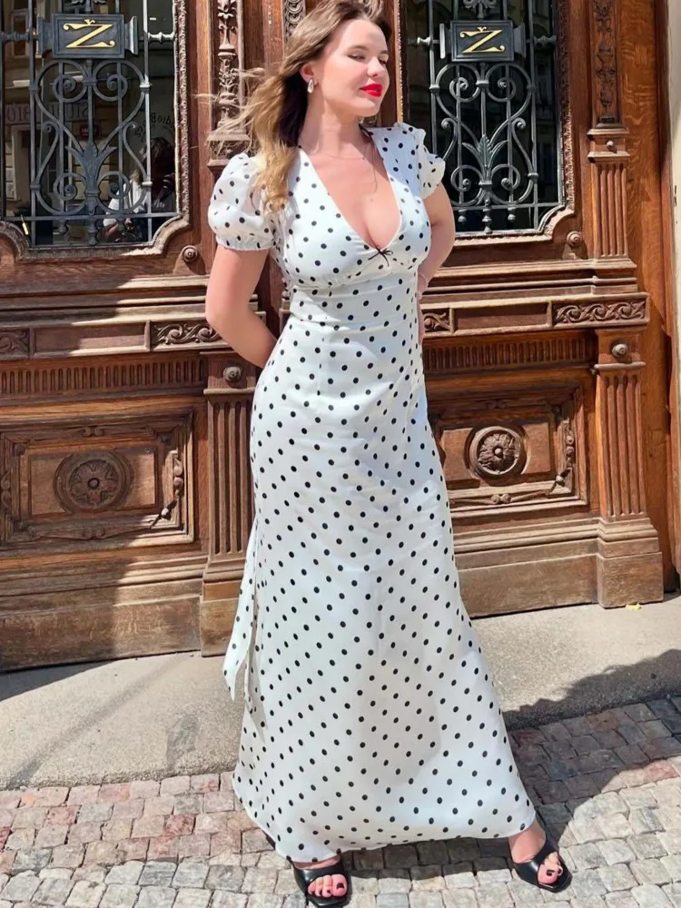 Articat elegante cetim bodycon festa clube vestido de noite feminino sexy com decote em v bolinhas vestido longo fino vestido formal 2025 verão novo