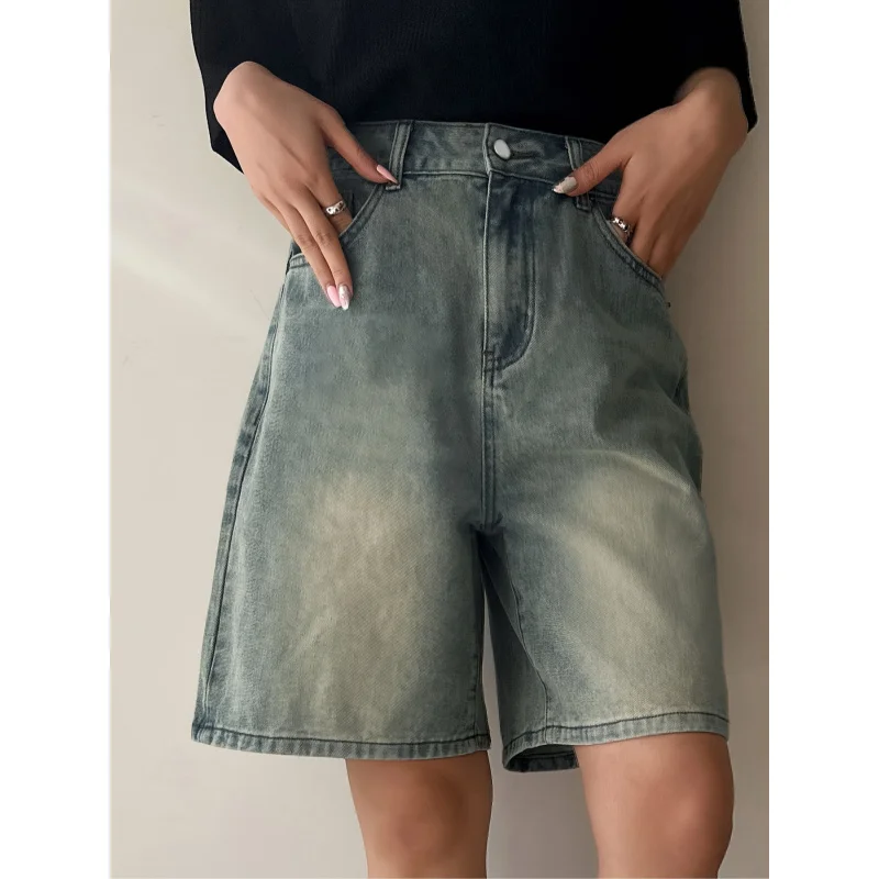 

2025Hot New Vintage Style High Waist Loose Straight Leg Denim Shorts for WomenaWide-Leg Mid-Length Shorts Five-Point Pants