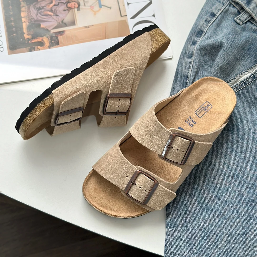 Donna-in Slippers Women Genuine Cow Suede Leather Metal Buckle Casual Flats Platform Ladies Shoes Solid Color Sandals Handmade