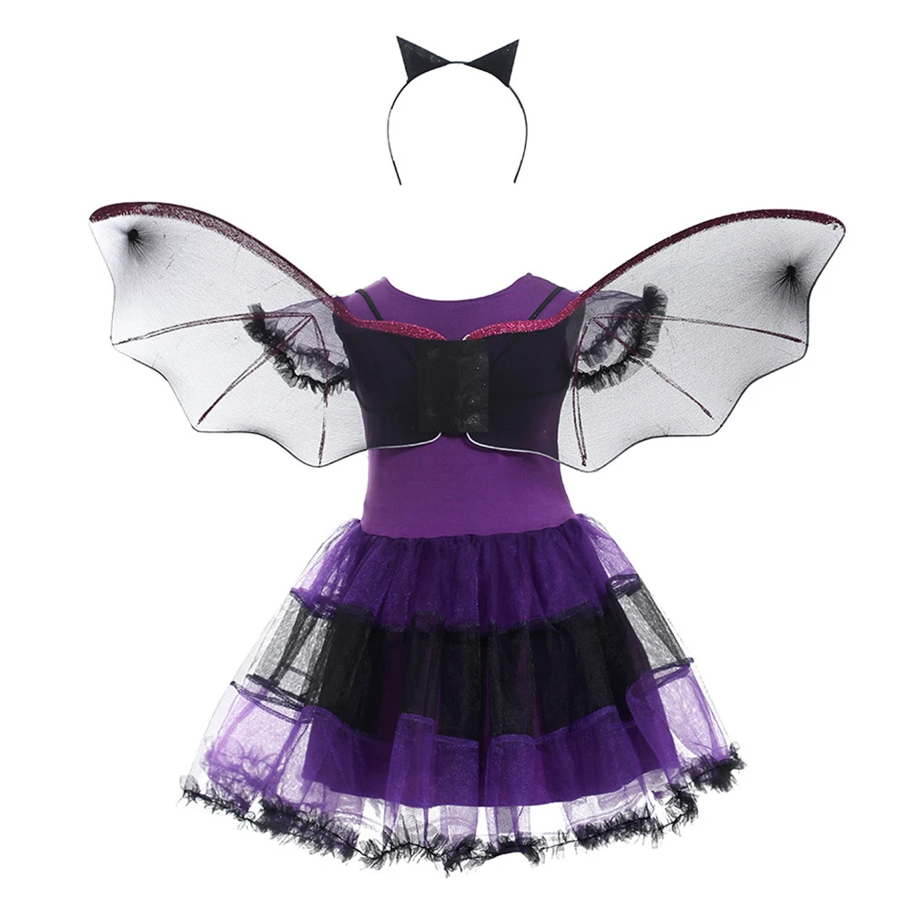 Halloween Girls Purple Bat Costume with Wings Headwear Disguise Orange Witch Dress Up for Girls Evening Party Vampires Costume