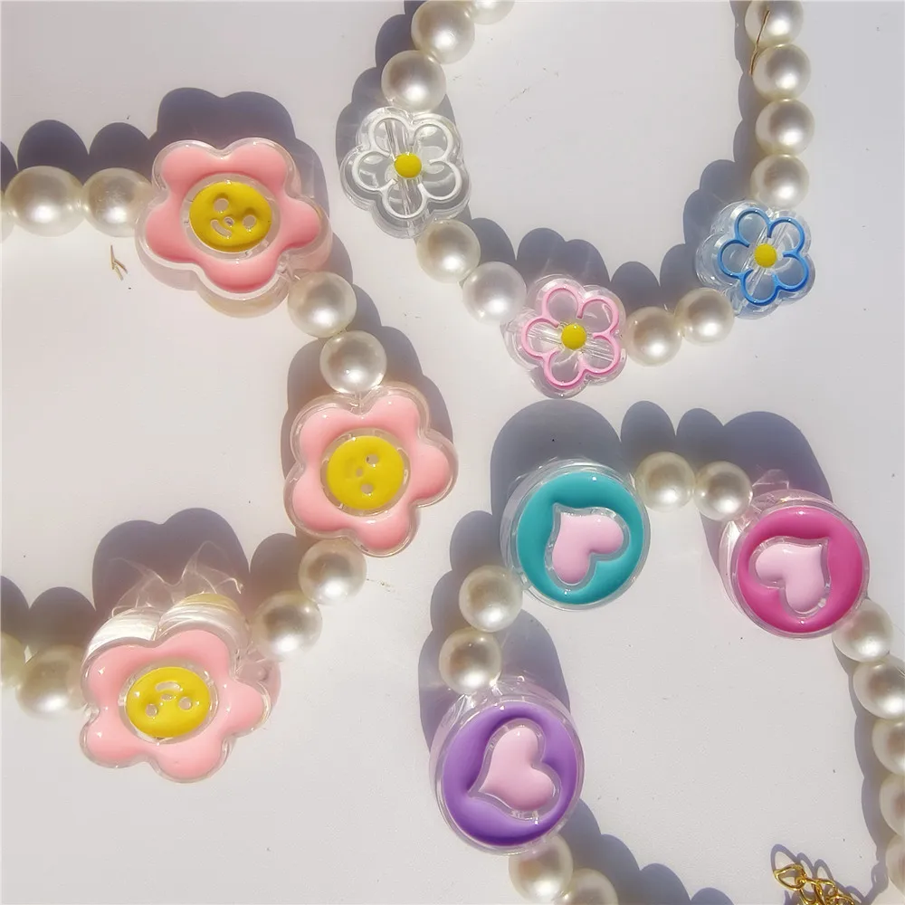 Flower Heart Charm Pet Pearl Collar Adjustable Pearl Kitty Choker Sweet Cartoon Pendant Necklace for Cat Puppy Birthday Dress Up