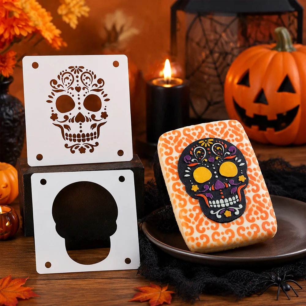 2Pcs Sugar Skull Cookie Stencils Set, Halloween Floral Skull & Border Frame Template for Cake Dusting Decoration