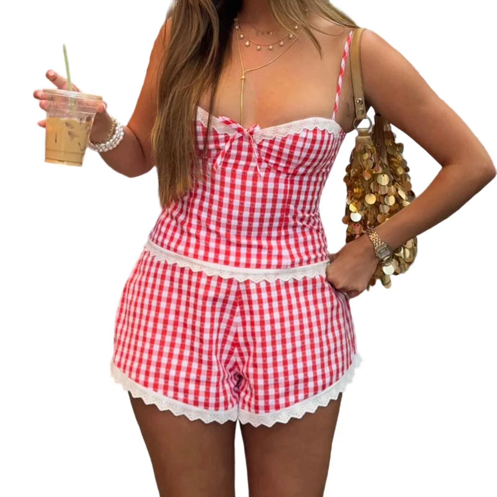 طقم بيجامات نسائي منقوشة ومطبوعات من الدانتيل وقميص قصير وسروال قصير مرن لملابس النوم والملابس المنزلية غير الرسمية