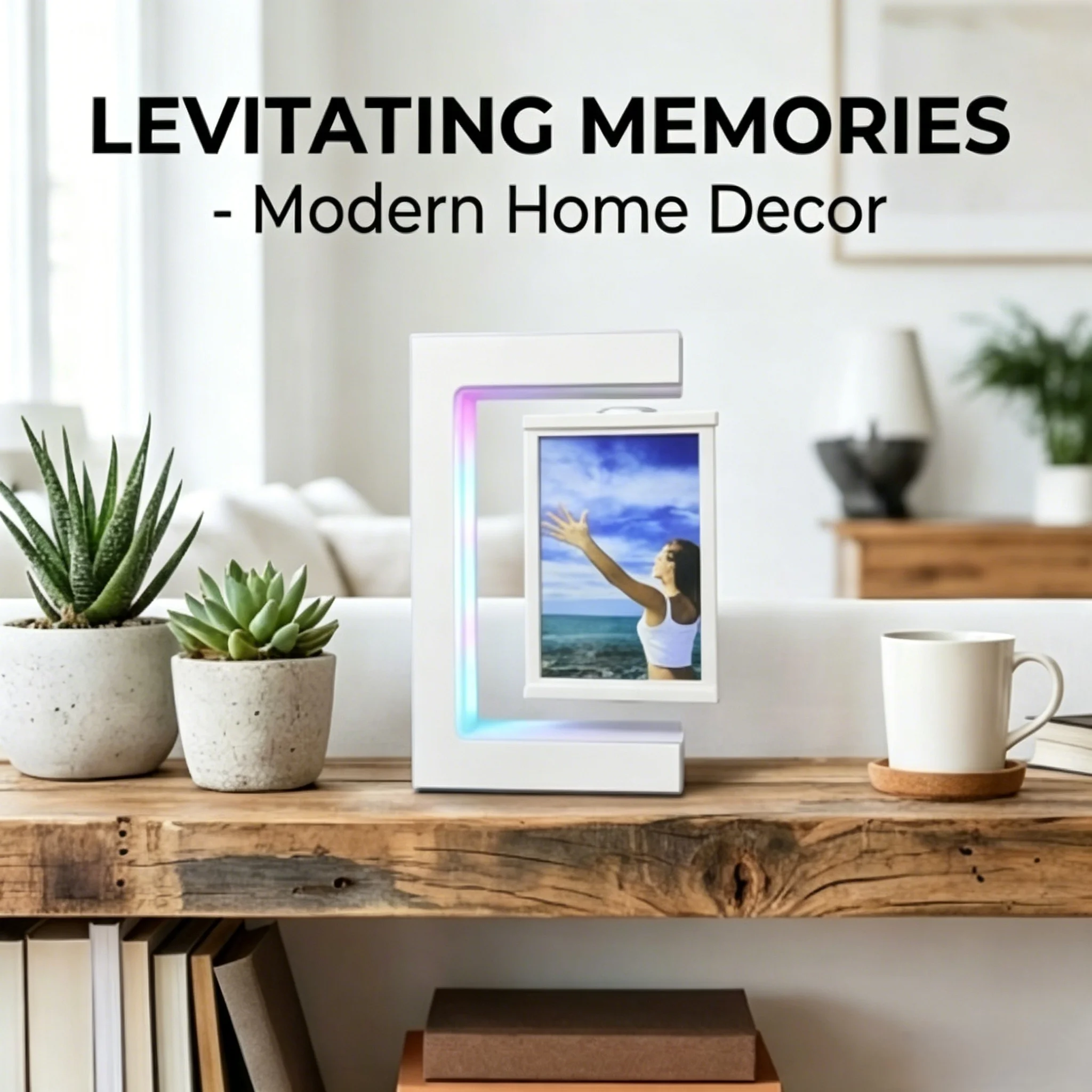 Levitating Photo Frame, Magnetic Floating Picture Frame, with LED Colorful Lights Display up to 12.7 x 8.6cm photos Stand for Home, Office, Desk, Wedding Decor. (White)