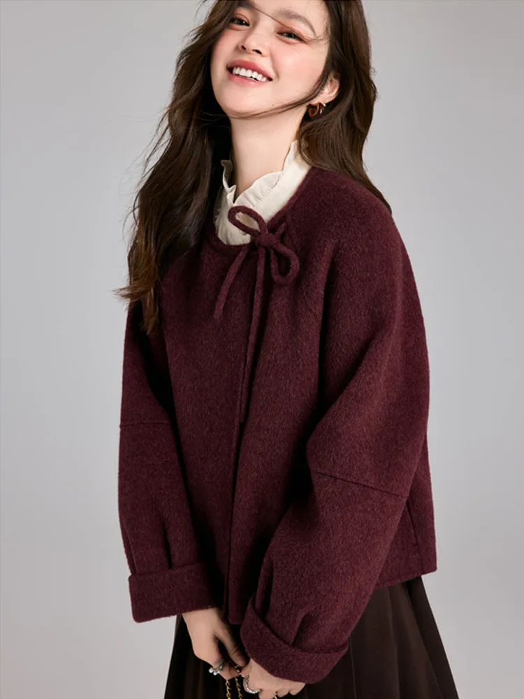 

Office Lady Short Woolen Jackets 2026 Spring And Autumn Lace-Up Tie O-Neck Loose Elegant Women's 100% Wool Coats