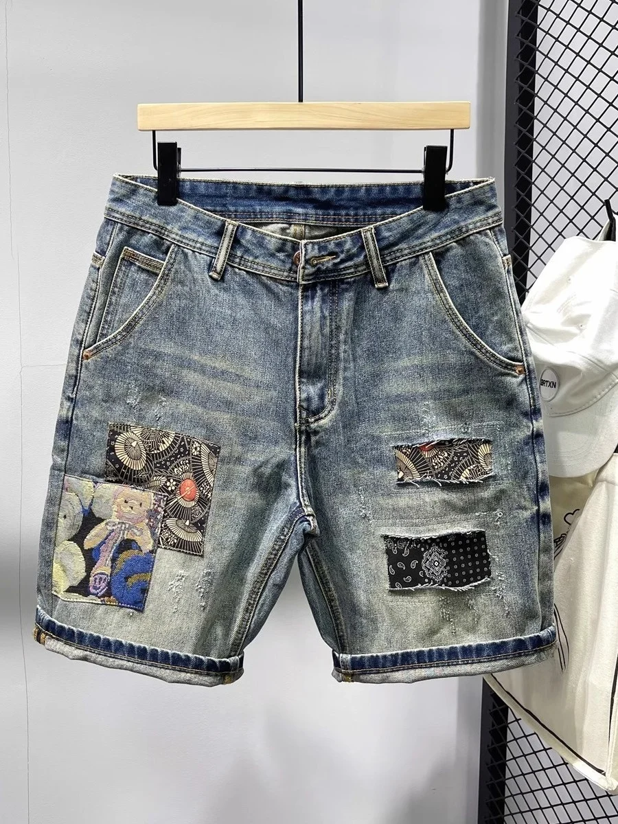Retro Ethnic Patched Hole Washed Summer Heavy Duty Casual Loose Fit Straight Leg Men's Denim Shorts Five-Pointed Pants