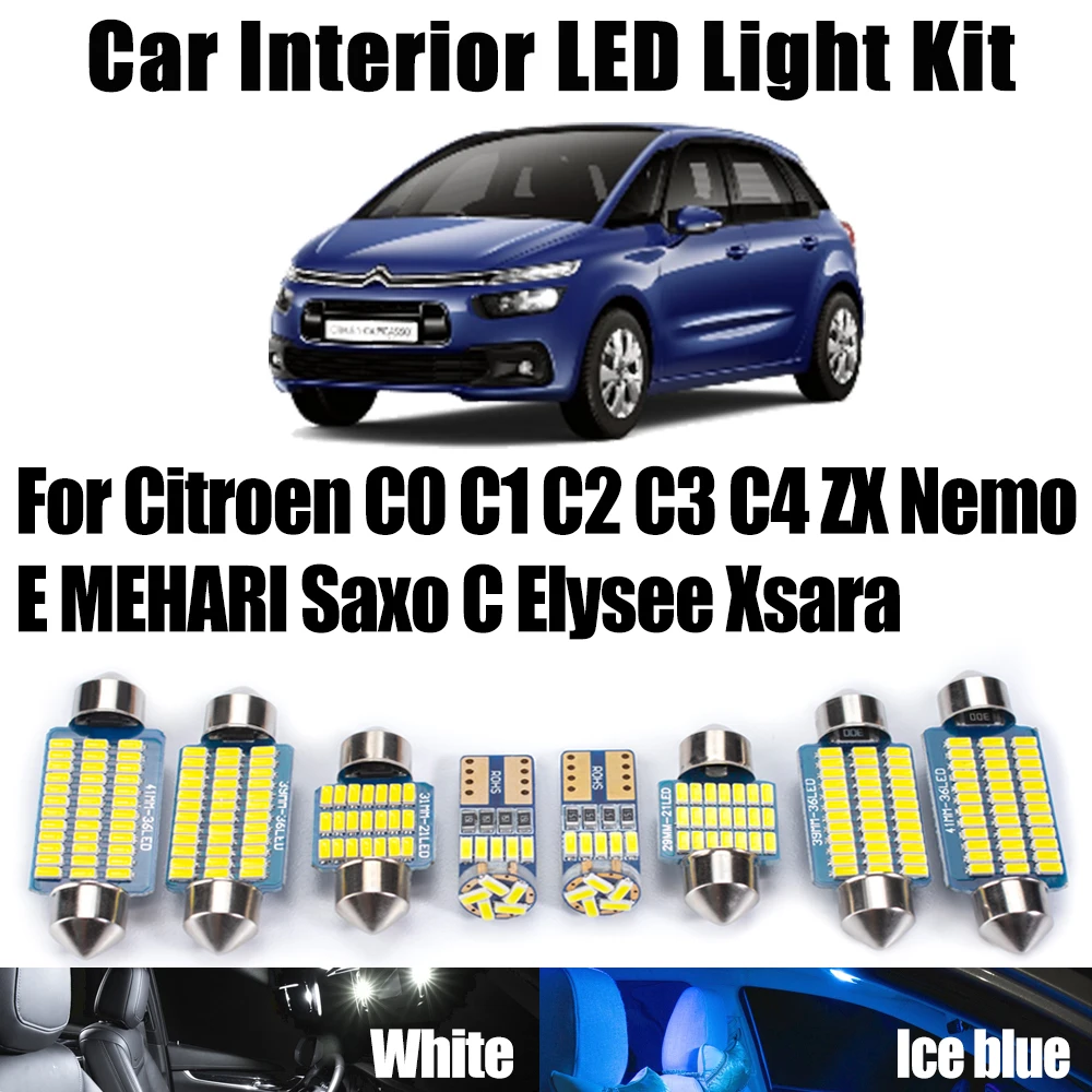 

Canbus LED Interior Map Dome Trunk Light Kit For Citroen C0 C1 C2 C3 C4 E MEHARI Saxo C Elysee Xsara ZX Nemo Car Ceiling Bulbs