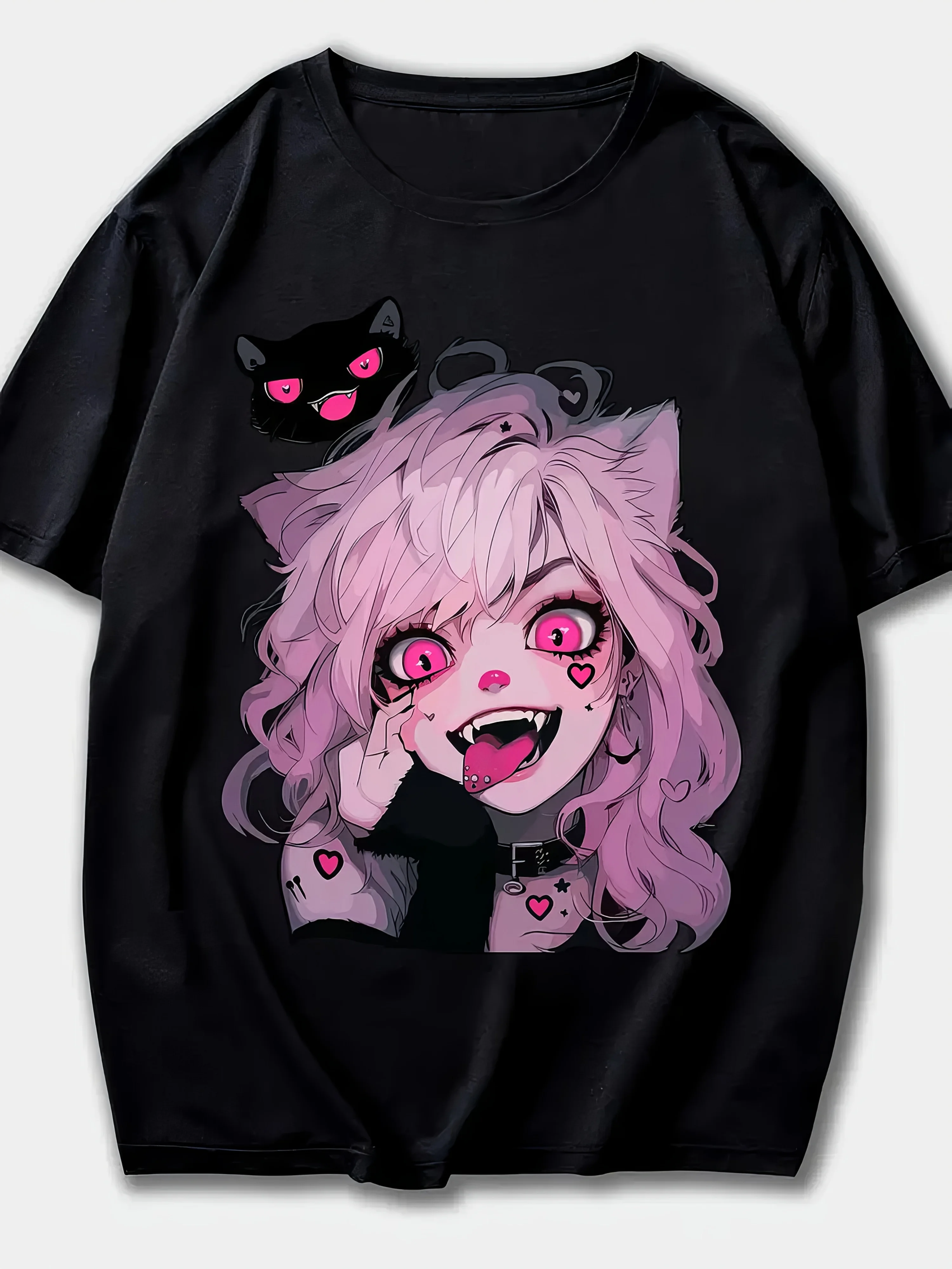 

Women's Cute Cat Graphic T-Shirt Short Sleeve Crew Neck Casual Top with Pink Hair Wear Tee Cat Shirt