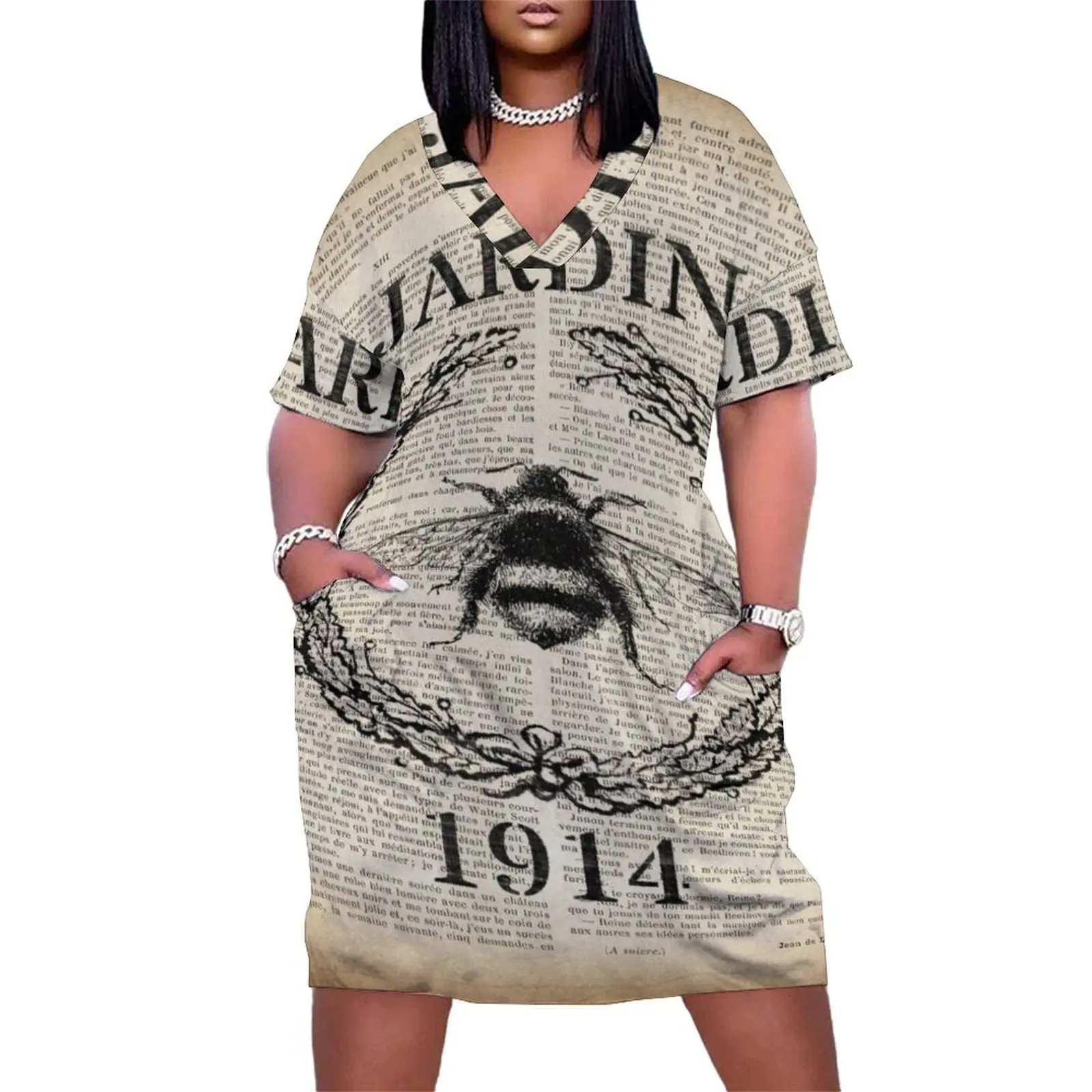 

1980s dark academia newspaper print french country paris vintage bee Loose Pocket Dress evening dress woman summer clothes